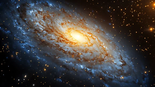 Spiral galaxy with bright core in deep star-filled space.