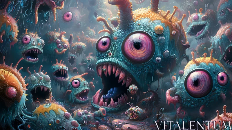 Mutant eyeball monsters swarm in luminescent abyssal fog.