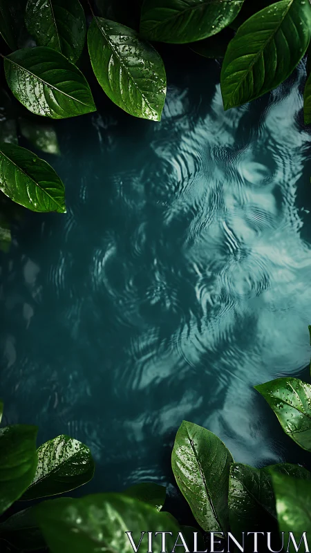 Calm forest pool framed by glossy emerald leaves.