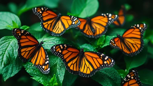 Cluster of monarch butterflies on green foliage surface.