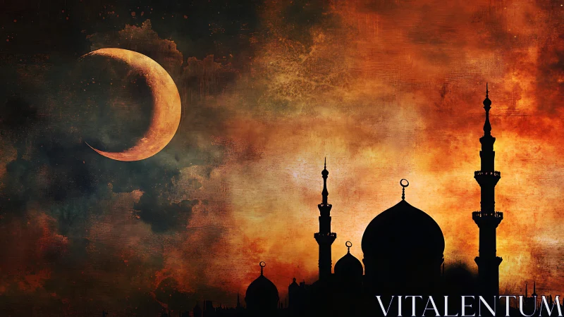Golden crescent moon over peaceful mosque skyline at dusk.