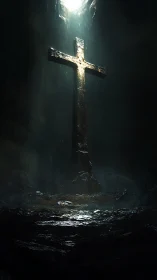 Weathered stone cross under vertical shaft of light.