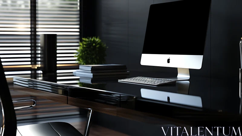 Minimalist workstation with desktop computer on glossy desk.