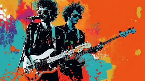 Electric bassist duo explode over neon splatter backdrop.