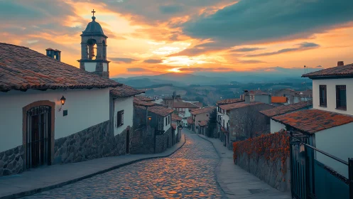 Sunset-lit cobblestone street descending through hill village.