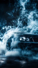 Midnight performance car emerging through neon smoke veil.
