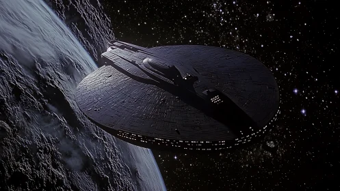 Elliptical starship glides along cratered planetary horizon.
