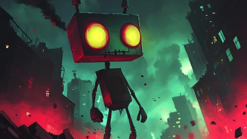 Neon-eyed robot strides through apocalyptic city glow.