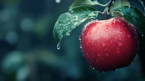 Red apple with water droplets hangs from wet green leaves