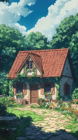 Sunlit cottage nestles in a lush garden of flowers and vines