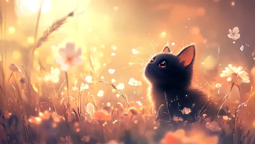 Backlit black kitten in glowing meadow with bokeh particles