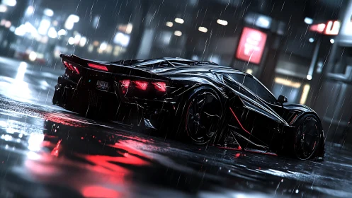 Futuristic black supercar sits in rainy neon lit city street