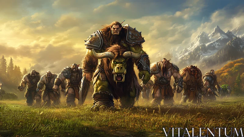 Orc warlord leads armored horde across sunlit fantasy plain.
