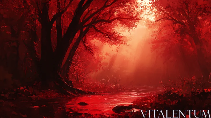 Crimson Otherworld: Where Scarlet Flames Paint the Forest Path.