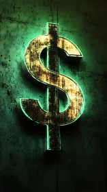 Neon dollar symbol glows against grungy textured wall surface.