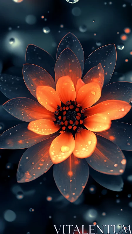 Midnight ember blossom glowing through silver rainfall.