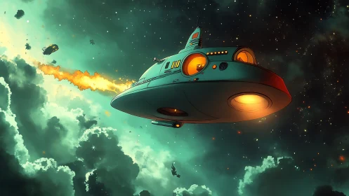 Retro teal spaceship crosses glowing nebula cloud field