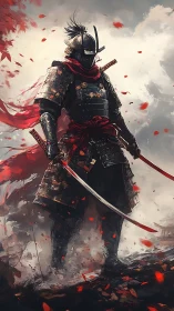 Storm-forged samurai stands in crimson leaves and mist.