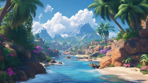 Tropical Paradise: Layered Digital Landscape with Architectural Elements.