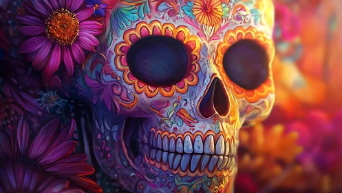 Colorful sugar skull with floral patterns and bold flowers.