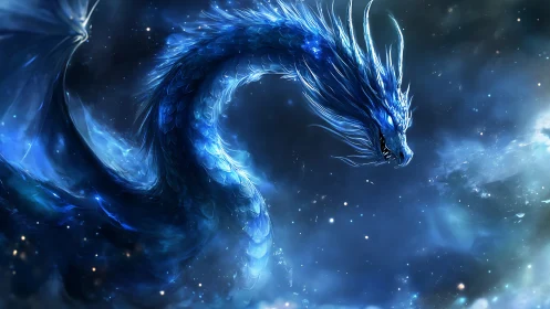 Starlit blue dragon glides through a shimmering cosmic sky
