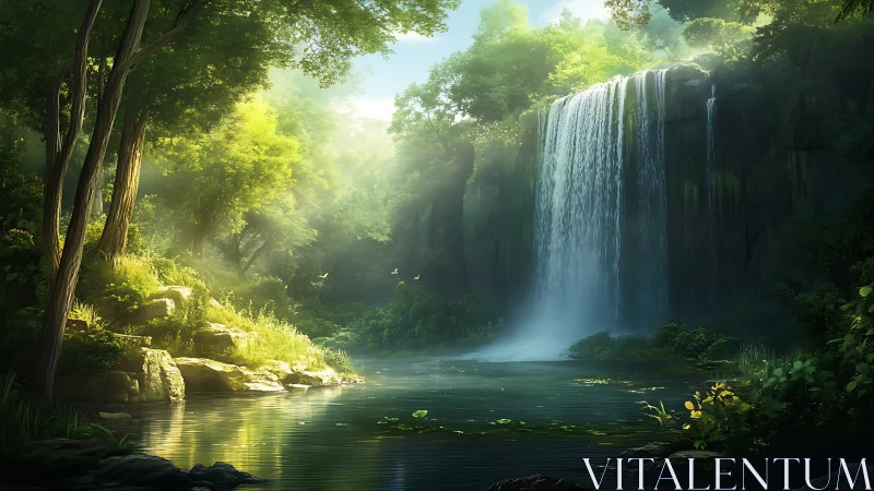 Luminous Waterfall Landscape: Volumetric Lighting Through Dense Canopy Rendered in Digital Painting