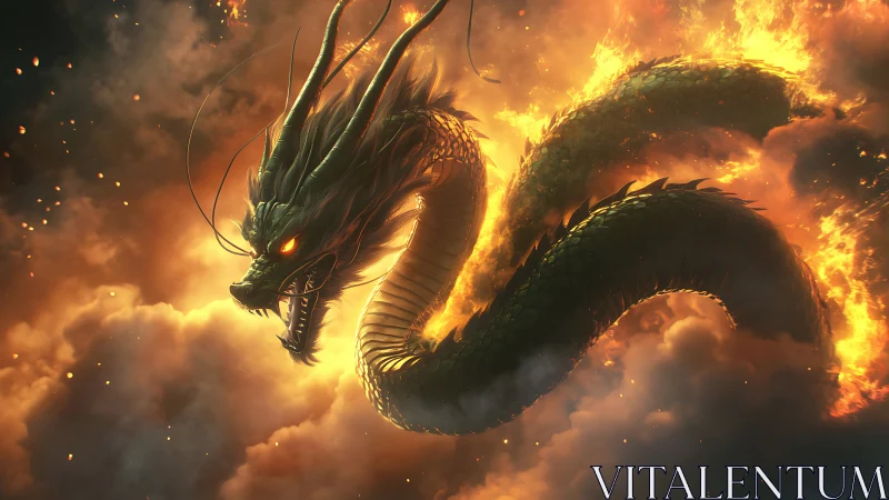 Serpentine dragon form emerging through dense fire clouds.