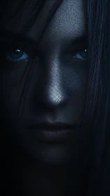 Dark veiled portrait reveals intense eyes in cold blue light