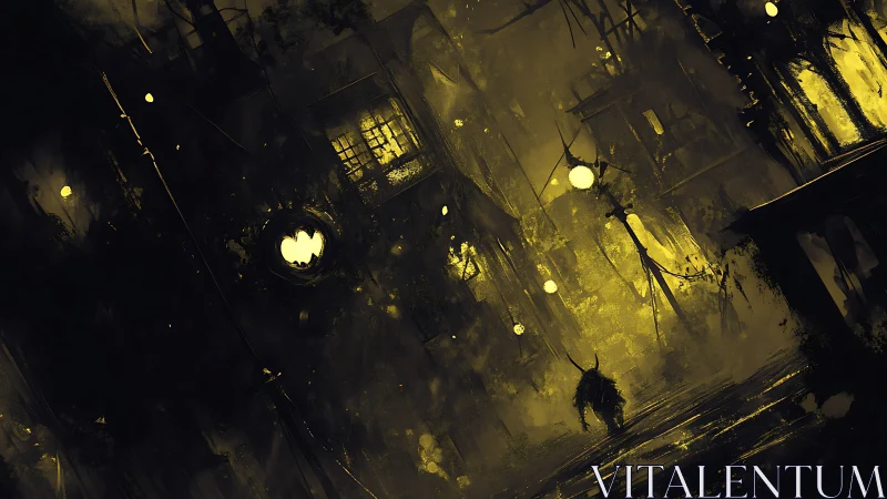 Midnight wanderer explores a glowing fog drenched city street