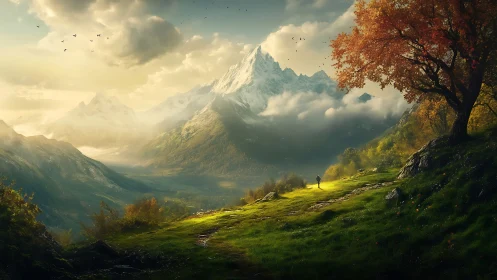 Lone hiker walks sunlit path beneath towering alpine peak