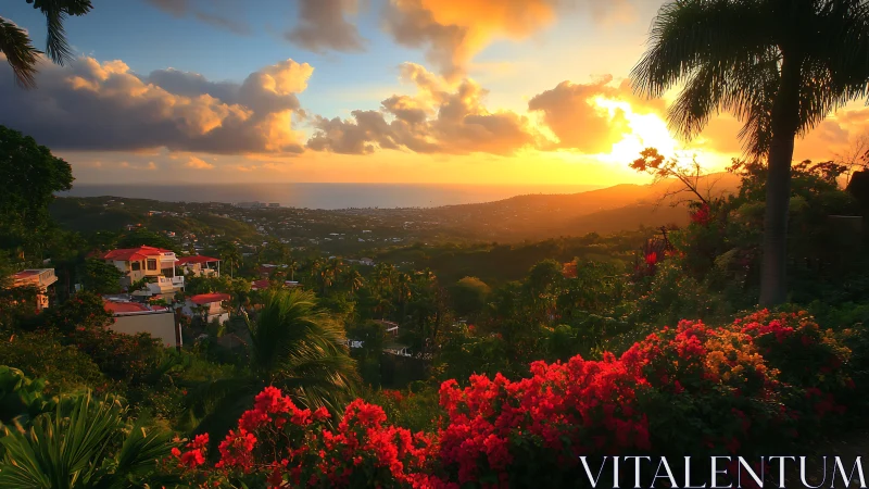 Coastal hillside town and gardens under warm sunset light.