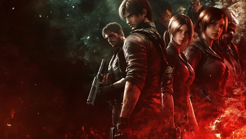 Armed tactical squad in cinematic red-tinged digital artwork.