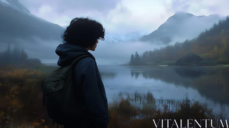 Solitary hiker contemplates a misty mountain lake at dawn