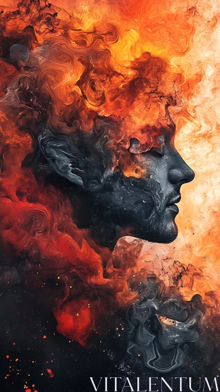 Surreal male profile dissolving into swirling fiery smoke.