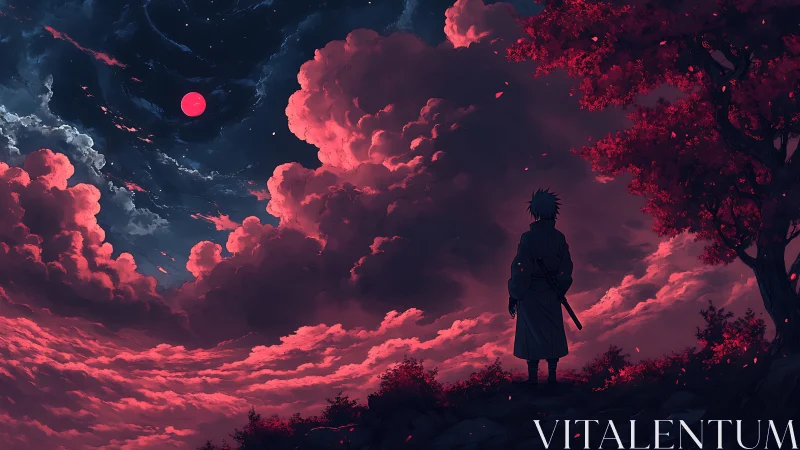Crimson clouds curl as a lone swordsman studies the red moon