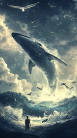 Colossal whale breach over stormy ocean with lone observer.