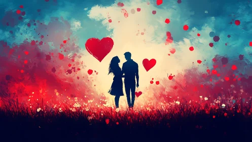 Silhouetted Couple in Luminous Heart Field.
