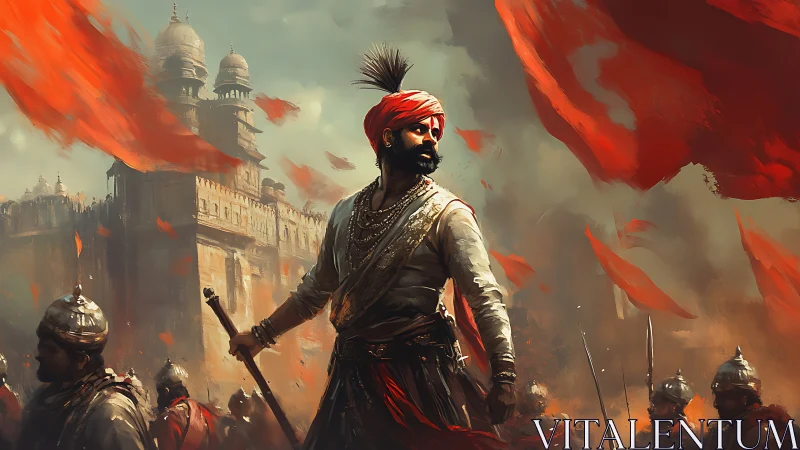 Warrior leader stands before fortress amid red battle flags