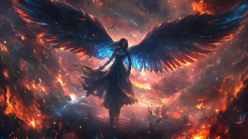 Celestial winged figure over erupting infernal battlefield