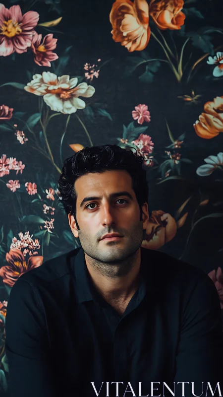 Pensive man sits before dark floral wall portrait background