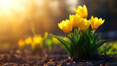 Golden tulips glowing at sunrise in soft garden focus.