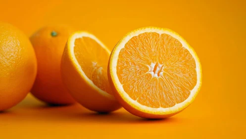 Juicy orange halves shine vividly against bold citrus backdrop