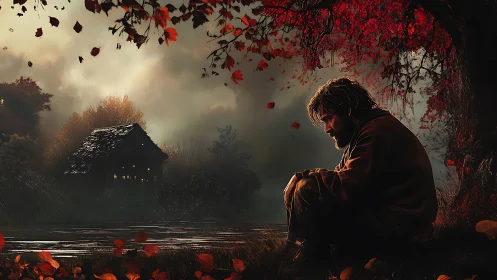 Solitary figure by riverside cabin under red autumn canopy.