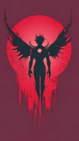 Winged humanoid silhouette stands before red circular backdrop