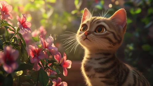 Tabby Cat Captivated by Pink Garden Blossoms.