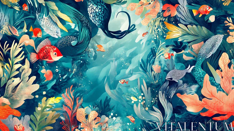 Colorful underwater scene with fish, plants, and mermaid tails.