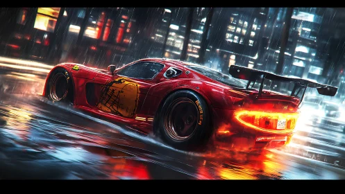 Red race car drifts through wet neon city street at night