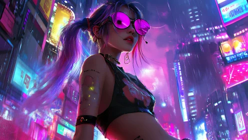 Cyberpunk woman in neon cityscape with reflective glasses.