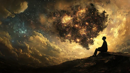 Dreamer beneath a glowing cosmic heart of swirling stars.