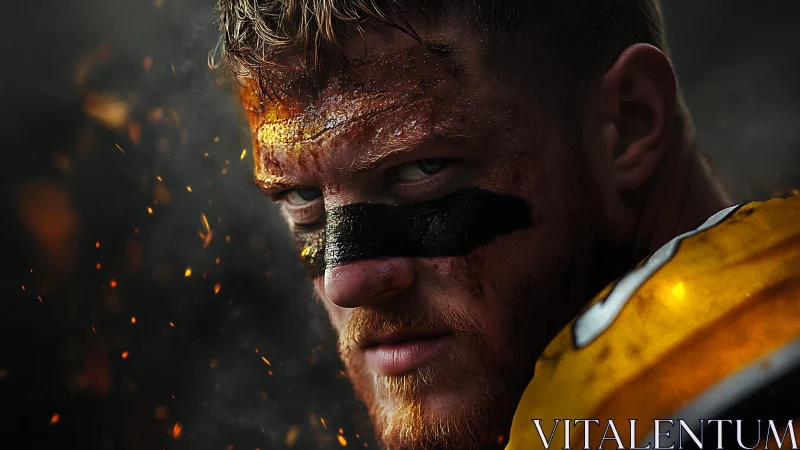 Gritty close-up of intense football player in dark scene.